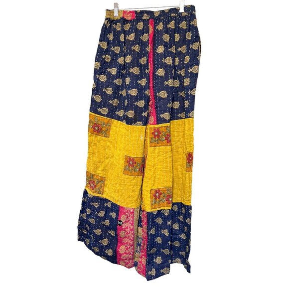 She's 1 OAK Boho Kantha Patchwork Wide-Leg Pants Multicolor Elastic Waist O/S - Picture 2 of 3